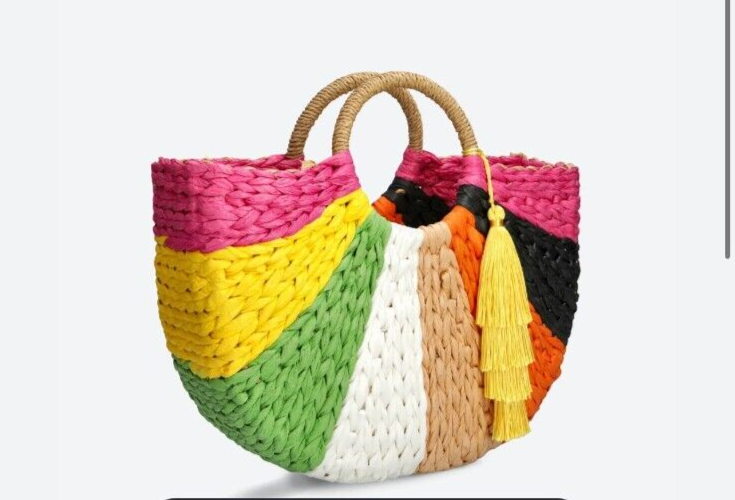 Dolce Vita Estelle Tote Raffia Bright Fuscia Colorblock Purse $128 New Tassels