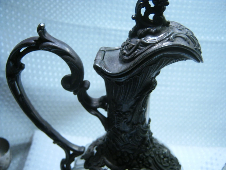 Par Antiguo Francés Plata Metal Cristal Ewer Claret Art Nouveau Victor Saglier Foto 4 de 4