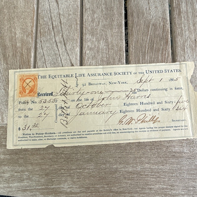 1865 Equitable Life Assurance Society US Receipt Rev Stamp Policy 53555