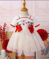 Girls Party Wear Frock Dress Cream Tulle Net Embroidered Bow Baby Frocks 0-4Y