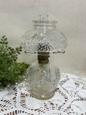 Miniature Oil Lamp Cosmos Daisy Consolidated Clear Glass 8 Inch Tall Antique