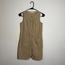 Loft Mini Dress Womens 00P Brown Embroidered Eyelet Button Front Sleeveless