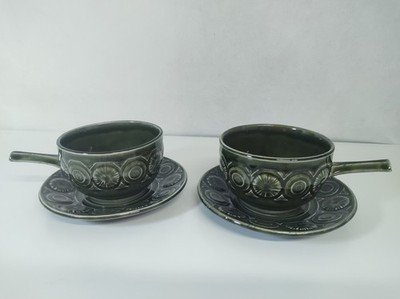 Vintage Tams England Suppentasse & Untertasse 2er Set Tamsware dunkelgrün glasiert 70er