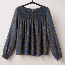 LOFT XS Floral Smocked Blouse Blue Mustard Purple Yoke Keyhole EUC Flowy Fall