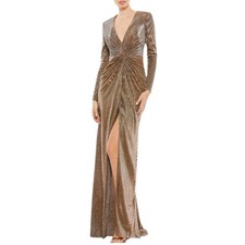 Mac Duggal 261941 Bronze Shimmer Long Sleeve High Slit Gown Size 6 $298