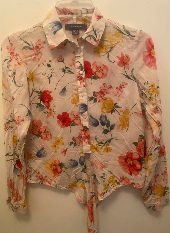 Primark Womens Floral Boho Print Button Frnt Cropped Vneck Blouse Sz. S
