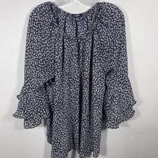 Chaps Blue & White Floral Tunic W Ruffle 3/4 Sleeves XL Boho