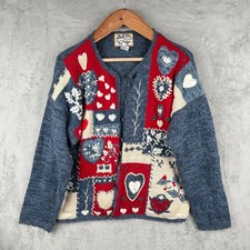 Heirloom Collectibles Patchwork Heart Embroidered Cardigan Sweater Womens XL VTG
