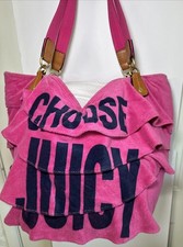 VTG Juicy Couture Ruffle Tote Hot Pink Terry Purse Beach Bag Magnetic Closure