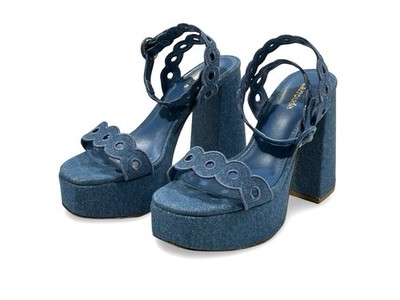 Larroude Dolly Broderie Platform Sandals Size 7.5 Blue Denim Ankle Strap