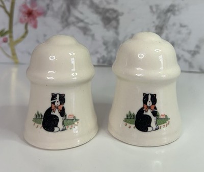 Vintage Ceramic Cat Salt & Pepper Shakers Tuxedo Kitty Decal Retro 1980s Cottage