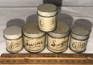 ANTIQUE 5X EARLY TIN LITHO TOY KITCHEN CANISTER SET COFFEE SUGAR TEA SET