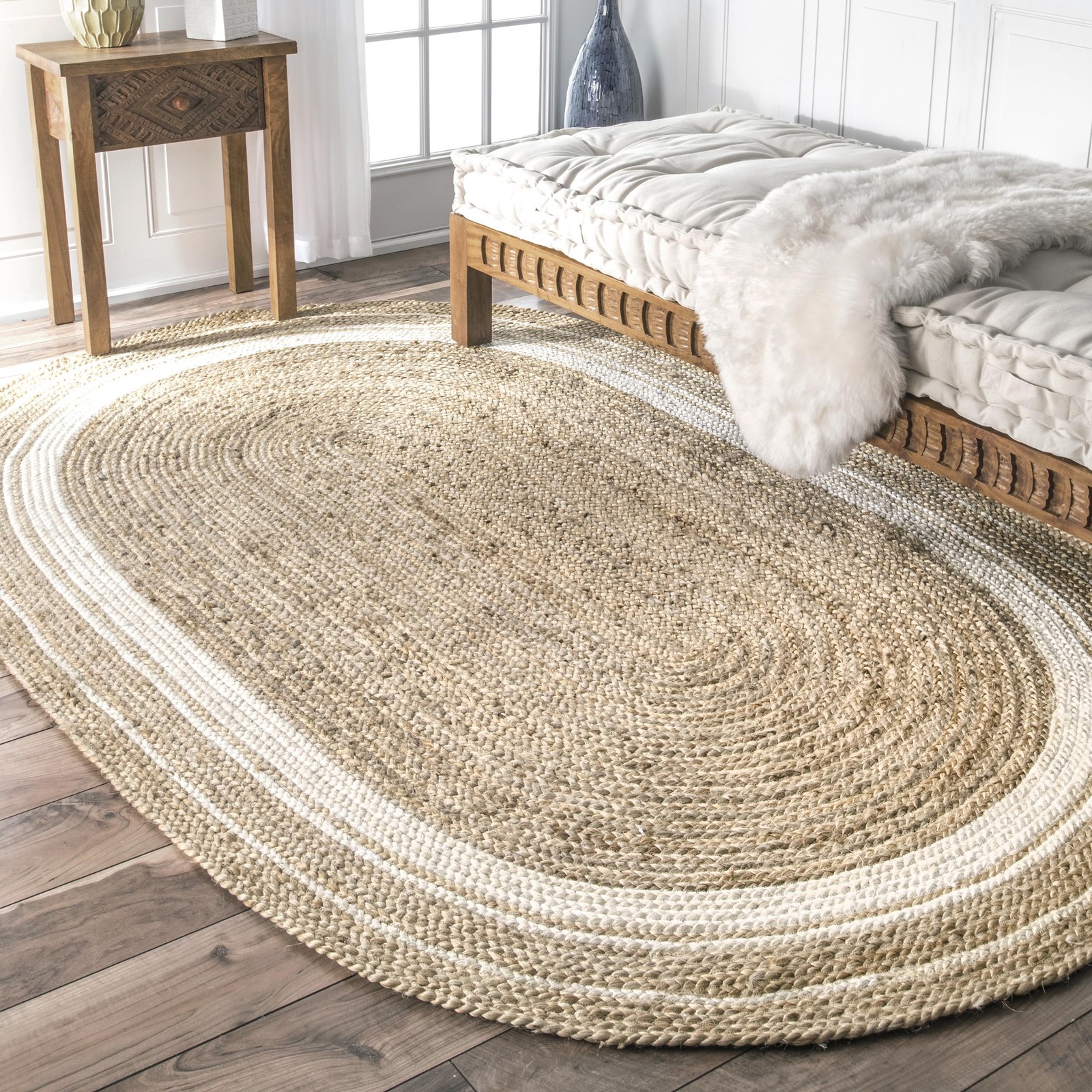 Rikki Off-White/Natural, 4' x 6' Oval, Coastal Braided, Jute, Soft and Textur...