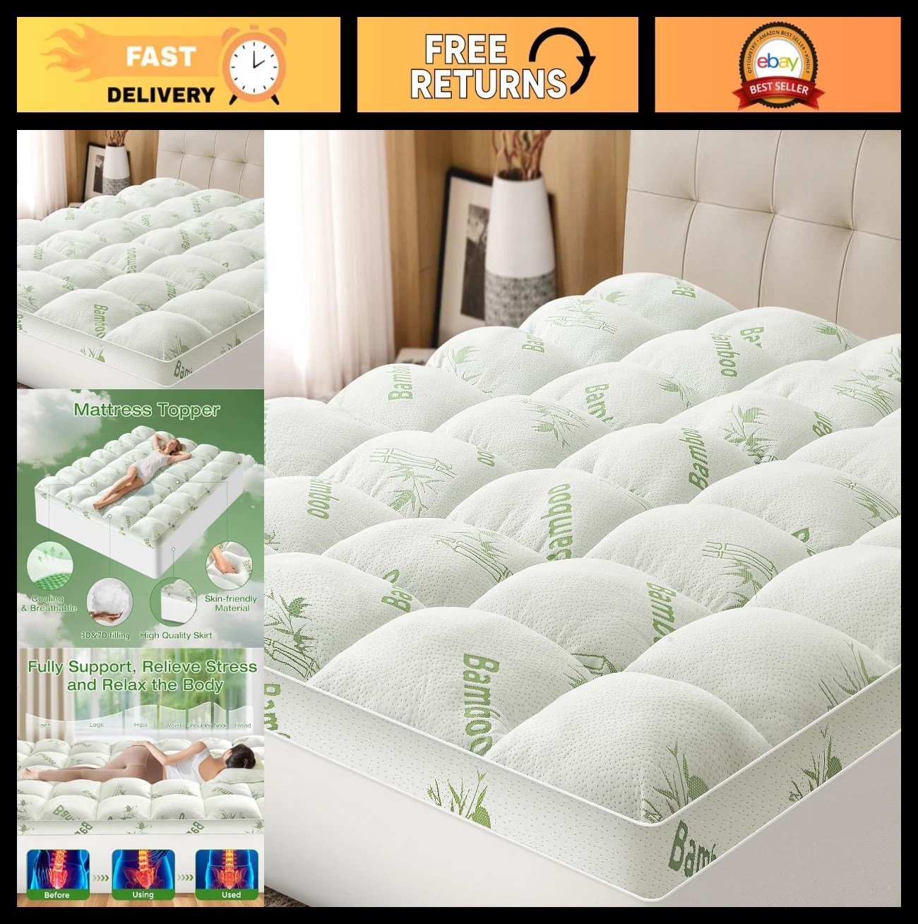 King Size Bamboo Mattress Topper Pillow Top Pad Cover Deep Pocket White