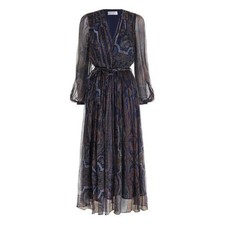 Zimmermann Esplanade Slouch Silk Paisley Pleated Maxi Midi Dress Blue Brown XS 0