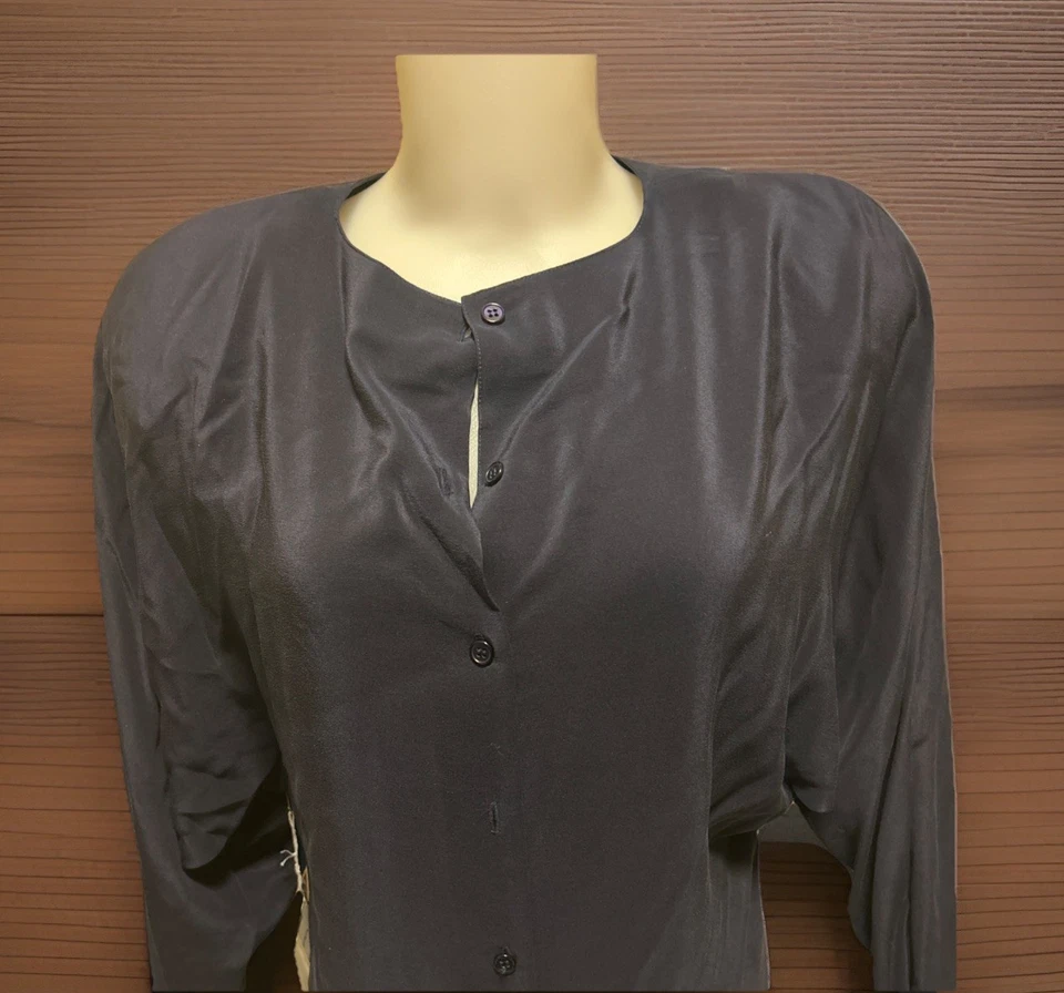 Kenar Shirt Women’s Size 14, Blue 100% Silk Ann Tijan Blouse With Shoulder Pads - Image 2 of 4