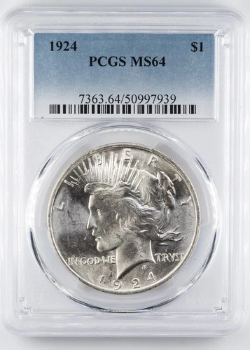 Certified 1924 Peace Dollar PCGS MS64 Silver $1