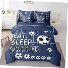 Size Soccer Comforter Set with Sheets Boys Twin Navy Blue and Black White