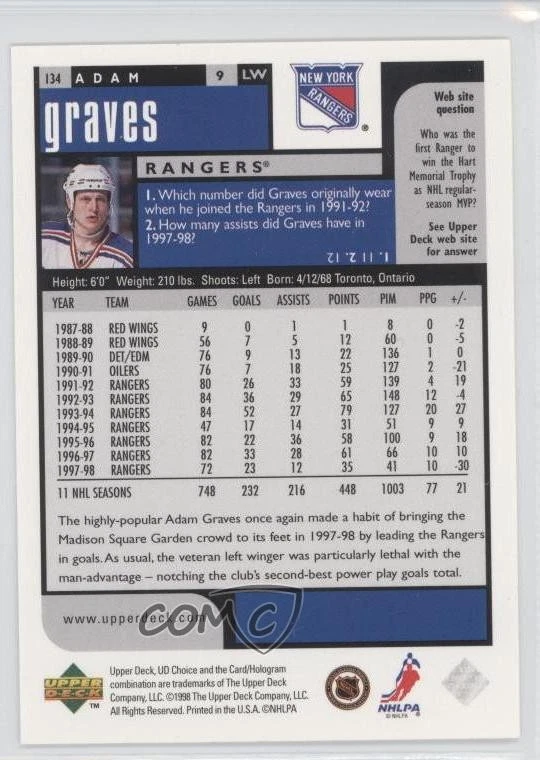 1998-99 Upper Deck UD Choice Adam Graves #134 - Image 2 of 2