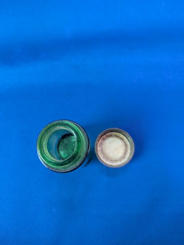 Green Glass Medicine Apothecary Bottle Metal Lid 2.25" Vintage Embossed - Picture 2 of 4