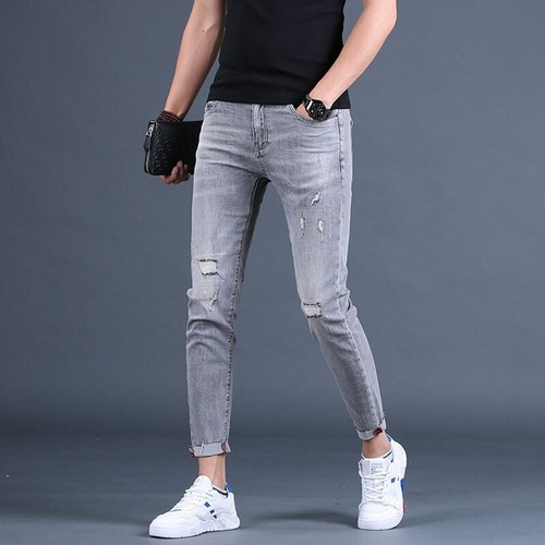 Pantalones Vaqueros Para Hombres Lavado Gris Humo Agujeros Tobilleras  Elegante | eBay