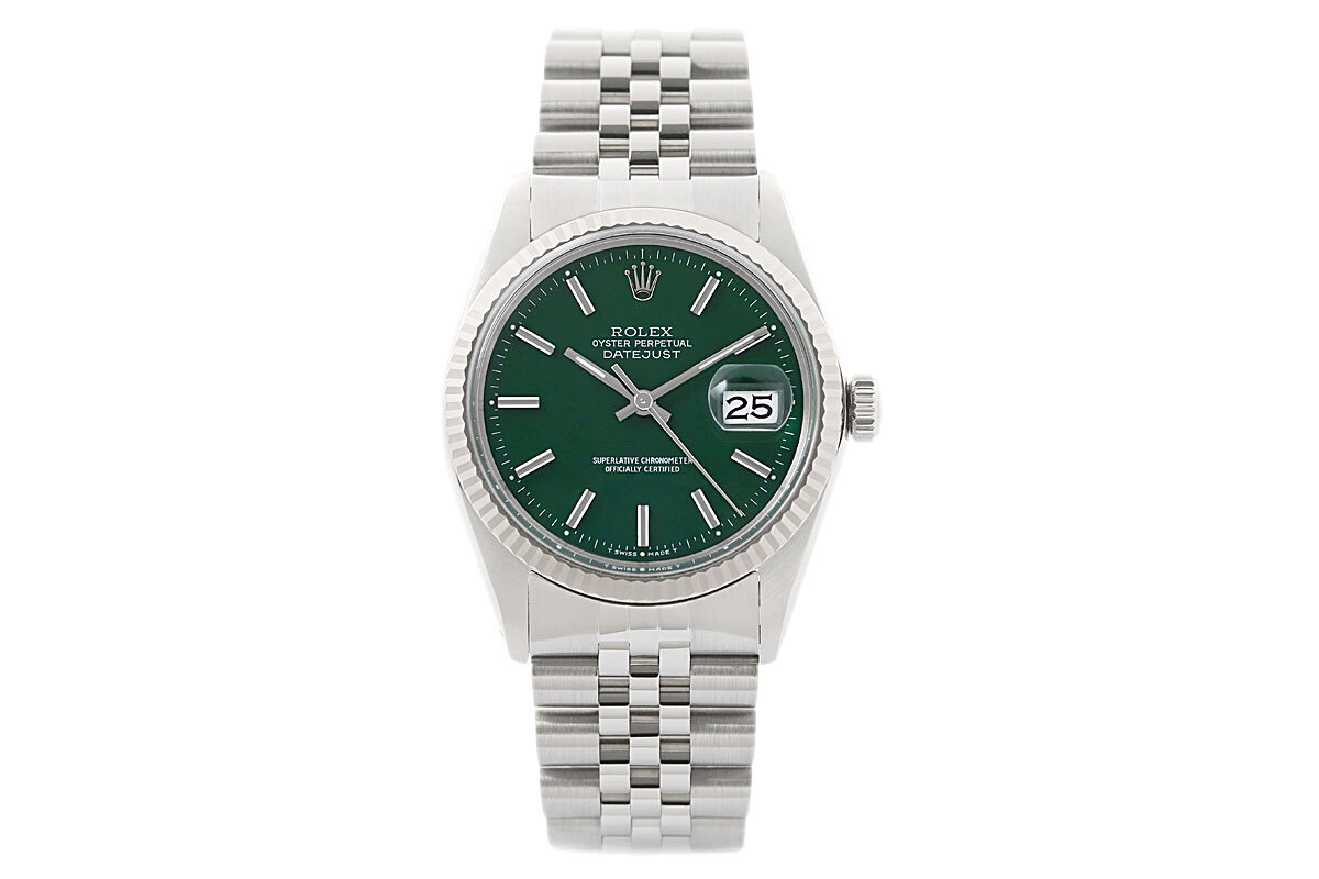 Rolex Mens Datejust 16014 Green Dial 18K White Gold Steel Jubilee