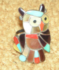 Native American Zuni Turquoise Coral Sterling Owl Ring Sz 7.75
