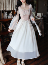  Pink Sweet Fairy Dress Women ChiffonElegant Lace Vintage Midi Dress KoreanStyle