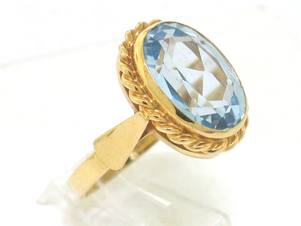 Ring 333 Gelbgold 8Kt Gold synth. Spinell Aquamarin oval facettiert 1970er Jahre - Bild 2 von 4