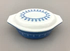 Vintage Pyrex Blue Snowflake Garland Oval 1 1/2 Qt Casserole Dish w Lid