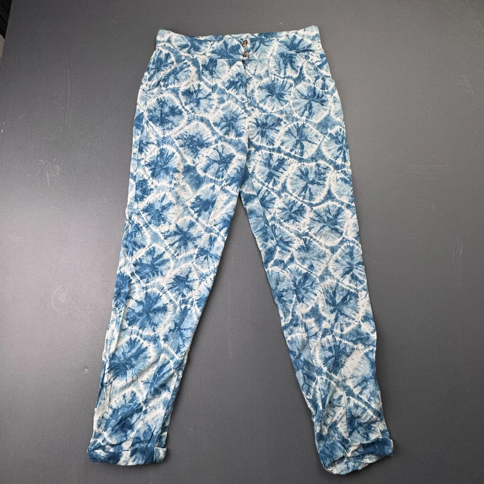Pantalones Alternativos Para Mujer Medianos Azul Blanco Tie Dye Boho Salón Informales Relajados Foto 3 de 4