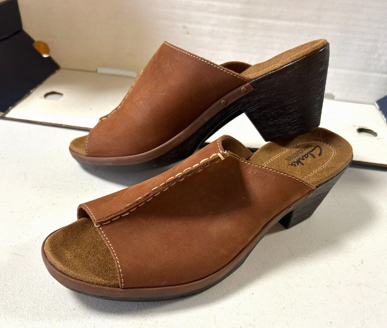 Sandali donna Clarks marroni tacco slip on scarpe in pelle taglia 9 5 M