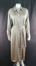H&M Silver Grey Stripe Satin Feel Shirt Dress Belted EU M Evening Office