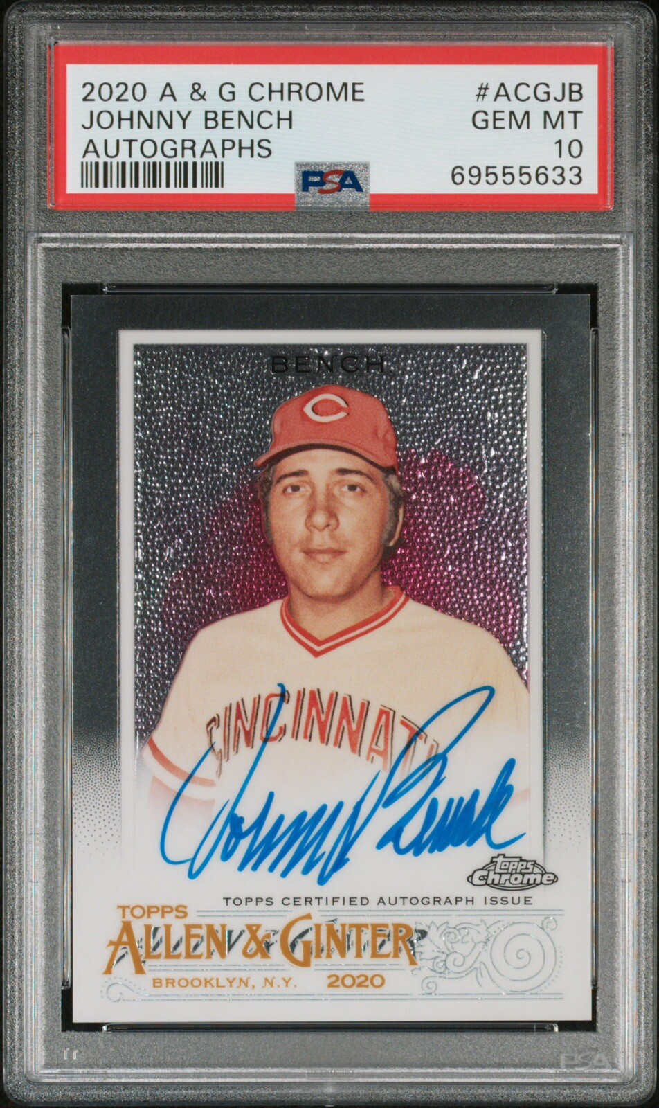 Johnny Bench #ACG-JB Baseball Cards 2020 Topps Allen & Ginter Chrome Autographs trading card — raw and PSA graded price guide