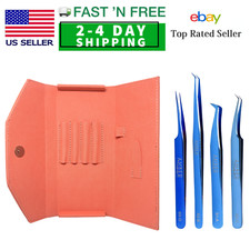 Amber Lash Blue 4 Tweezers Set with 1 Tweezer Case for Eyelash Extension