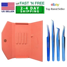 Amber Lash Blue 4 Tweezers Set with 1 Tweezer Case for Eyelash Extension
