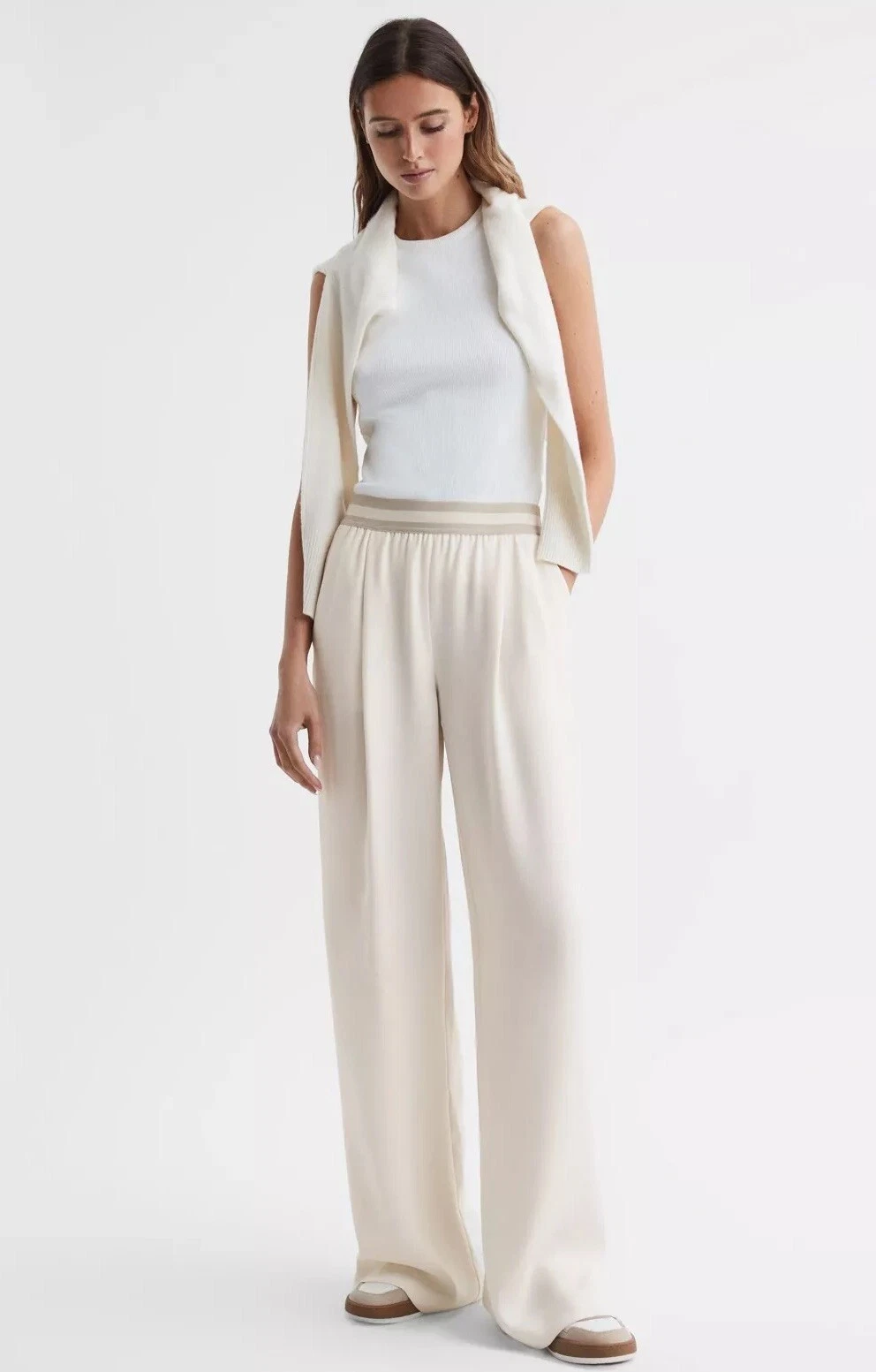 REISS ABIGAIL WIDE LEG ELASTICATED TROUSERS in NEUTRAL UK Size 12