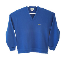 Vintage 80's Lacoste Men's V Neck Blue Sweater Pullover Long Sleeve L Large