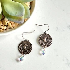 Antiqued Copper Bronze Crescent Moon Leaves Earrings Iridescent Crystal Bead NEW