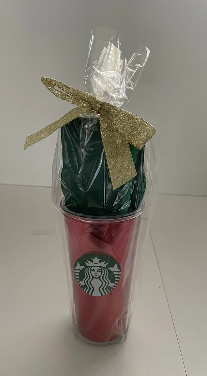 Starbucks Happy Holidays Red Acrylic Cold Cup Tumbler 16 fl oz Gift Set