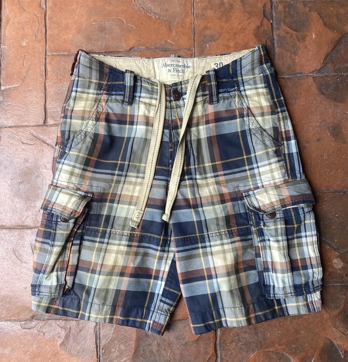 Vintage Y2K Abercrombie Fitch Cargo Shorts Mens 30 Plaid Button Fly Belt