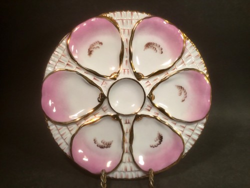 Antique Porcelain Oyster Plate Pink, Gold on White