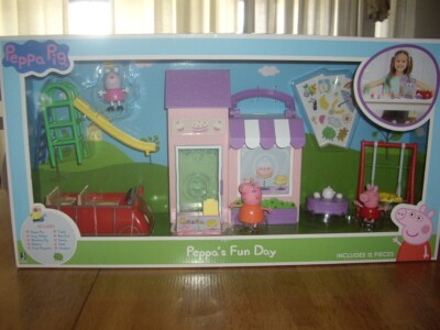 NEW Peppa Pig Peppa's Fun Day Playset Bakery Red Car Playground Slide Figurines