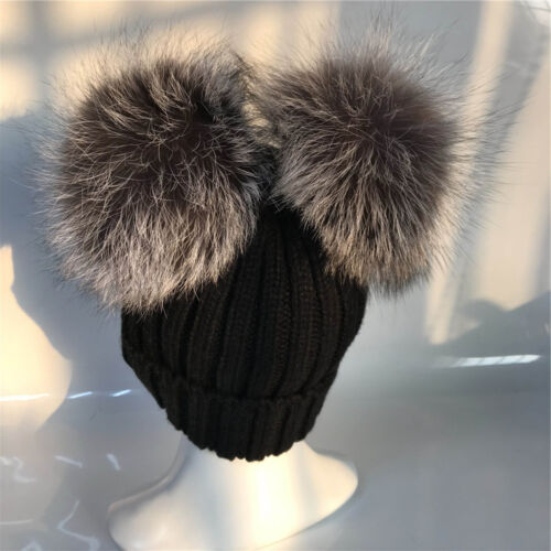 Knitted Beanie Ski Cap Hat With 2pcs 6" Real Silver Fox Fur Pompom Balls -Black - Picture 1 of 13