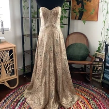 Vintage Victor Costa for Neiman Marcus Gold Damask Strapless Maxi Gown Dress