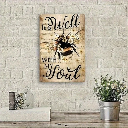 Rustic Bee Metal Plaque Vintage Musical Sheet Style Wall Art Farmhouse Decor
