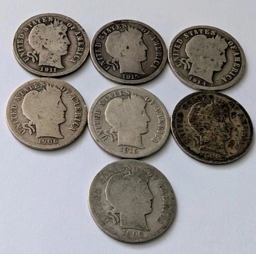 Barber Dimes, 1906, 1906-D, 1909, 1911-D, 1914-D, 1915 x2, Lot of 7 90% Silver