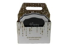 Black and White New Years Eve Melamine Appetizer Plates Set of 6 in Holder
