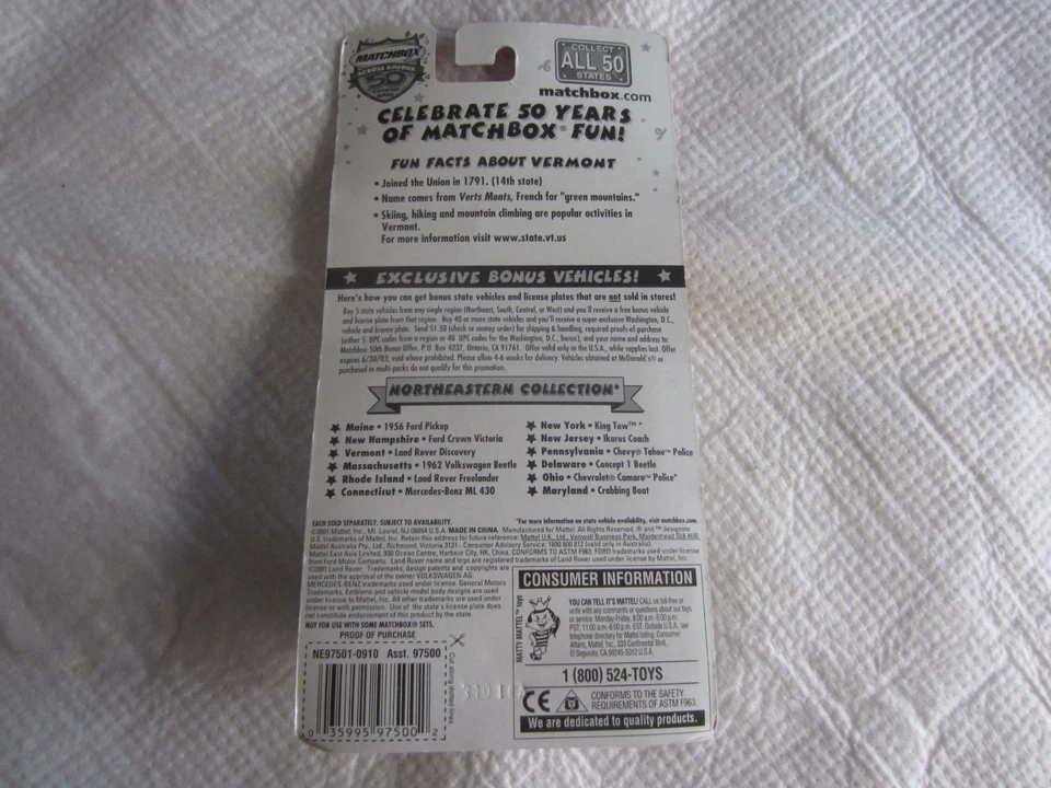 2001 Mattel Matchbox Across America:  Vermont Green Land Rover Discovery NIP - Image 3 of 3