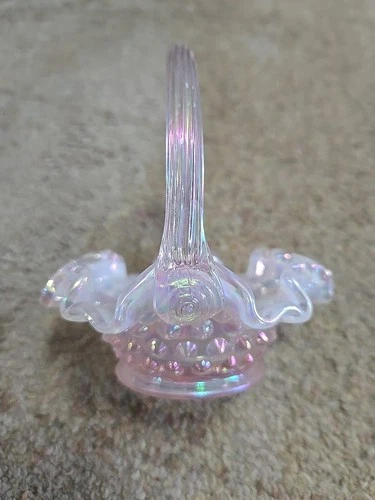 Vintage Fenton Hobnail Pink Iridescent Glass Basket Ruffled Edge 4”